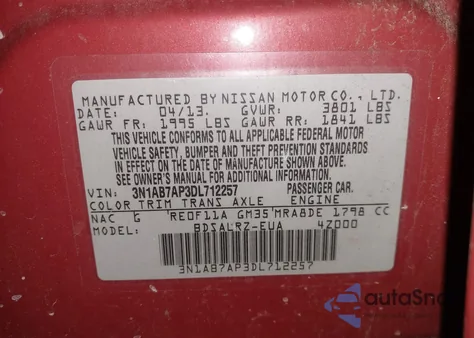 2013 Nissan Sentra Sr z USA, uszkodzony, nr VIN 3N1AB7AP3DL712257